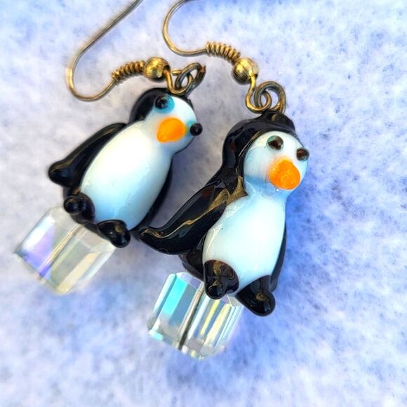 Handmade Jewelry - Blown Glass Penguin on ice blocks figurine Dangle earrings
